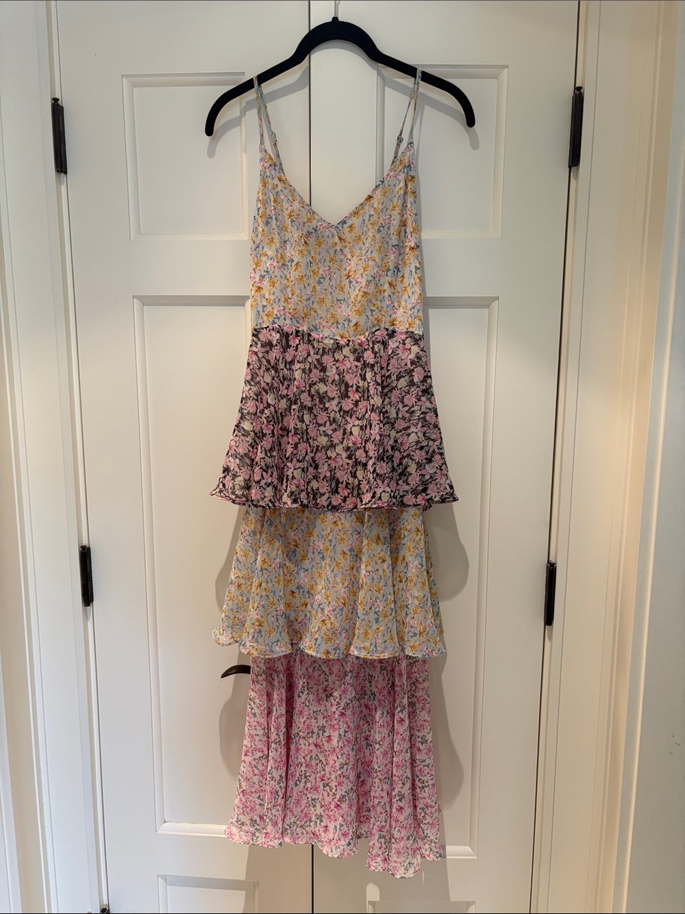 Tiered Floral Spaghetti Strap Maxi Dress - Yellow, Pink & Black Panels